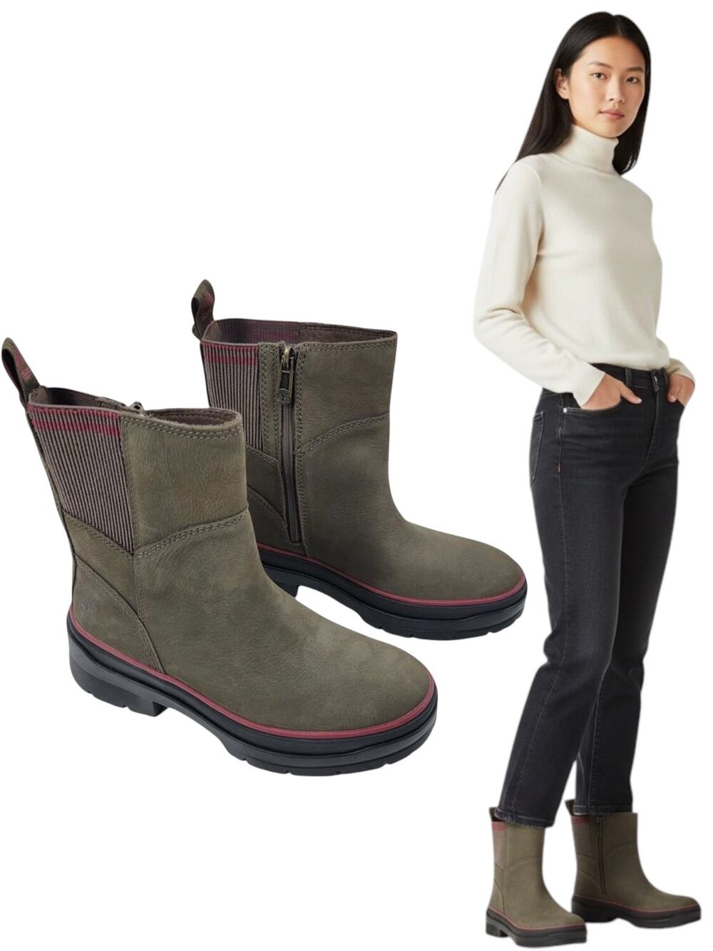 NEW Timberland Malynn waterproof Side zip leather boots olive size 5.5